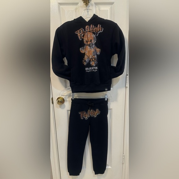 MAJESTIK Black Rhinestone FLY HIGH Bear Sweat Suit Child Set Size 7-8T NWOT - Picture 1 of 17